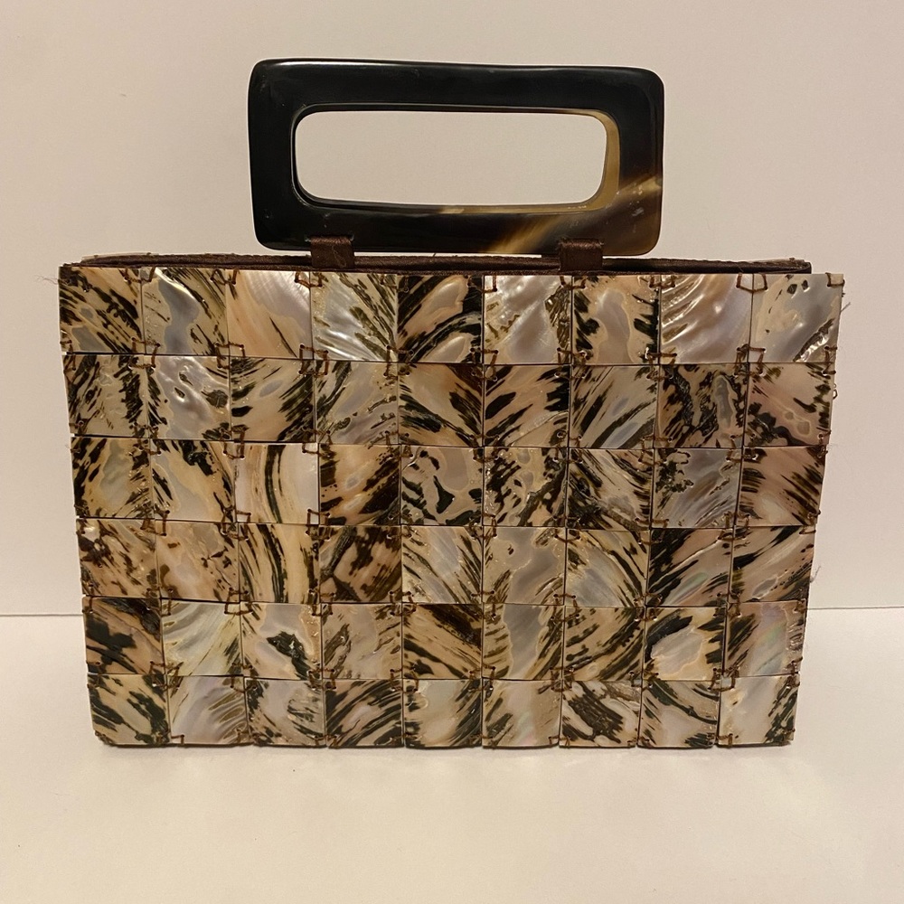 Elegant Mosaic Shell Clutch with Black Handle